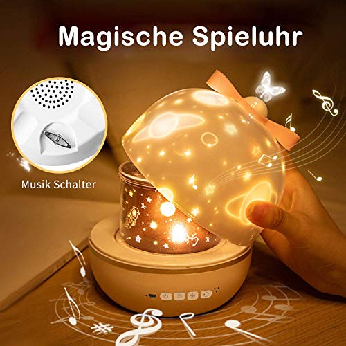 Lámpara Proyector Estrellas 360° Rotación Músic Lampara luz nocturna LED para bebés, con 6 películas de proyección, Aplicar para Habitación Bebé, Dormitorio, Sala, Pasillos (Rosa)