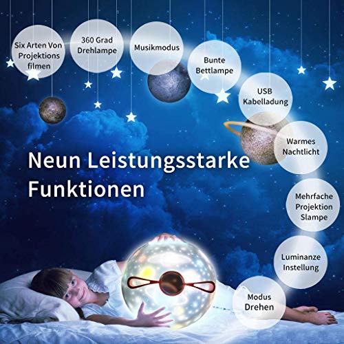 Lámpara Proyector Estrellas 360° Rotación Músic Lampara luz nocturna LED para bebés, con 6 películas de proyección, Aplicar para Habitación Bebé, Dormitorio, Sala, Pasillos (Rosa)