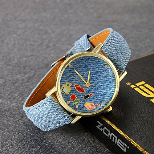 Lancardo Reloj Analógico de Cuarzo Correa de Cuero de Textura de Vaquero Dial con Dibujos de Comésticos/Flor/Perfume/Lapiz Labial Impermeable Casual para Hombre/Mujer/Pareja (Azul Claro)