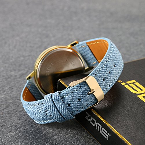 Lancardo Reloj Analógico de Cuarzo Correa de Cuero de Textura de Vaquero Dial con Dibujos de Comésticos/Flor/Perfume/Lapiz Labial Impermeable Casual para Hombre/Mujer/Pareja (Azul Claro)