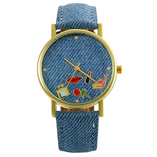 Lancardo Reloj Analógico de Cuarzo Correa de Cuero de Textura de Vaquero Dial con Dibujos de Comésticos/Flor/Perfume/Lapiz Labial Impermeable Casual para Hombre/Mujer/Pareja (Azul Claro)