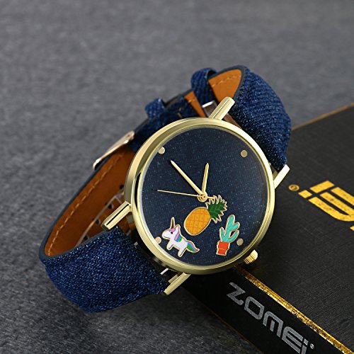 Lancardo Reloj Analógico de Cuarzo Correa de Cuero de Textura de Vaquero Dial con Dibujos de Piña/Cactus/Perrito Impermeable Casual para Hombre/Mujer/Pareja (Azul Oscuro)