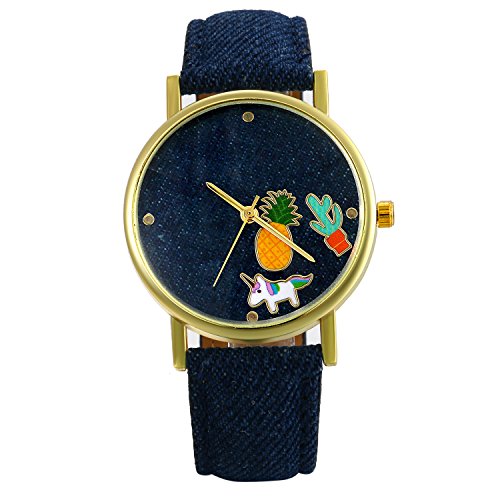 Lancardo Reloj Analógico de Cuarzo Correa de Cuero de Textura de Vaquero Dial con Dibujos de Piña/Cactus/Perrito Impermeable Casual para Hombre/Mujer/Pareja (Azul Oscuro)