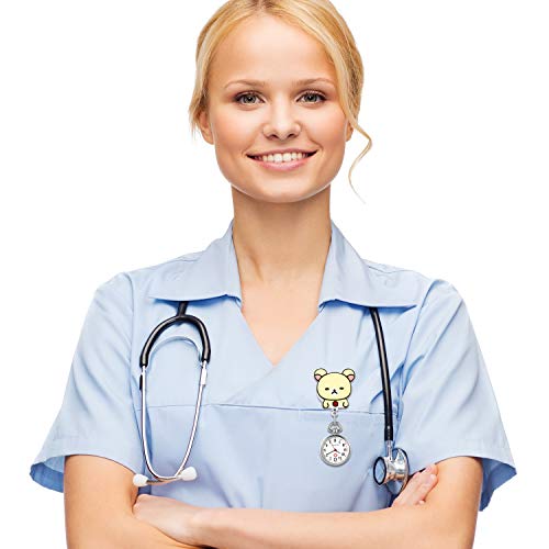 Lancardo Reloj Enfermera Linda Reloj Médico de Bolsillo con Decoración Osito Paramédico Reloj de Cuarzo para Doctor Prendedor de Broche Uso Hospital Clip de Uniforme Longitud Estirable