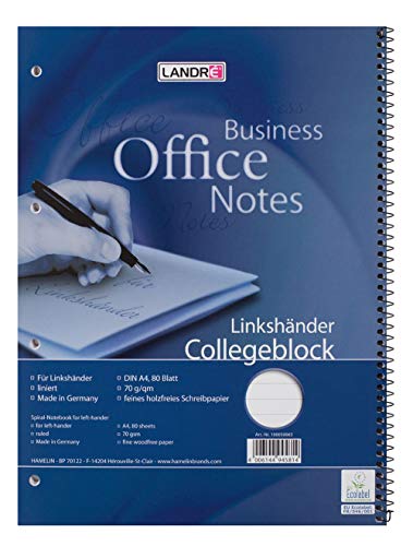 Landre College 100050065 - Lote de 10 libretas para zurdos A4, 80 hojas con rayas, espiral en lado derecho, 70 g/m²