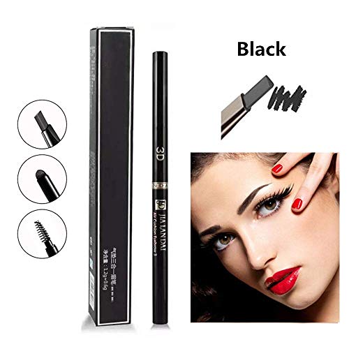 Lápiz de cejas 3 en 1, lápiz de cejas automático de doble cabeza, maquillaje duradero impermeable y resistente al sudor (Negro)