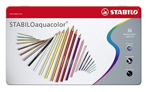 Lápiz de color acuarelable STABILO aquacolor - Caja de metal con 36 colores