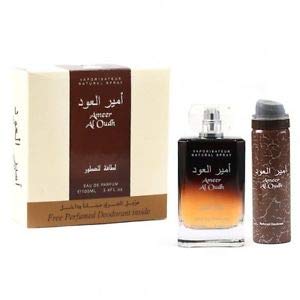 Lattafa - Ameer Al Oudh - Perfume de 100 ml y desodorante EDP, spray amaderado, ambarino, dulce, fragancia increíblemente duradera