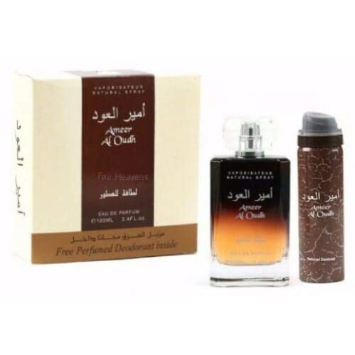 Lattafa - Ameer Al Oudh - Perfume de 100 ml y desodorante EDP, spray amaderado, ambarino, dulce, fragancia increíblemente duradera