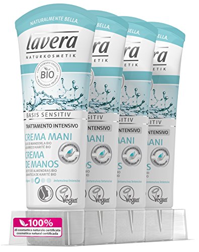 lavera Crema de Manos con Aceite de Almendras bio y Manteca de Karité - vegano - cosméticos naturales 100% certificados - cuidado de la piel - 4 Recipientes de 75 ml