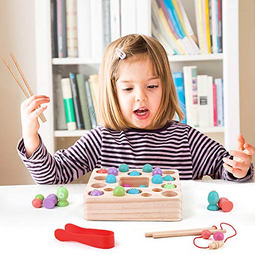 LBLA Juego de Pesca Magnetico, Juguetes Madera Montessori NiñOs, Juguetes de Aprendizaje Educativos con Caña Pescar Preescolares Juegos Pescado para Niños 3 4 5 6 Años