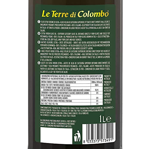 Le Terre di Colombo – Aceite de oliva virgen extra 100 % italiano, botella con estrías y tapón mecánico, 1 L