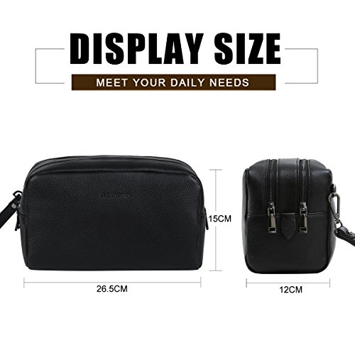 Leathario Bolso de Aseo Viaje Piel para Hombres y Mujeres Neceser Grande Negro