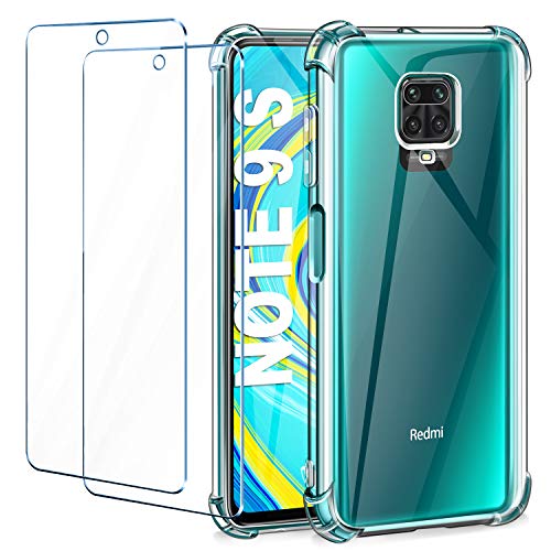 Leathlux Funda Xiaomi Redmi Note 9S + 2 Pack Cristal Templado Protector de Pantalla, Ultra Fina Silicona Transparente TPU Carcasa Anti-Choque Anti-arañazos Carcasa Xiaomi Redmi Note 9S / 9 Pro 6.67"