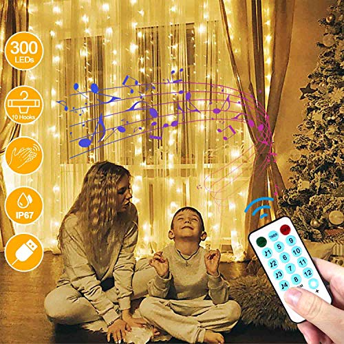 LECLSTAR Cortina de Luces LED USB,3m*3m 300 LED 8 Modos de Luz con Control Remoto y 4 Modo de Música,IP67 Impermeable,Cadena de Luces Decoración de Casa, Fiestas, Bodas, Jardin, Arbol de Navidad, etc