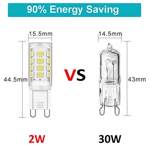 LED G9 Bombillas 2W Equivalente a 15W 20W 25W 28W Halógena Bombillas, Blanco frío 6000K, 300LM, CRI> 85, G9 Enchufe LED Lámpara, sin parpadeo, no regulable, CA 220-240V, paquete de 10