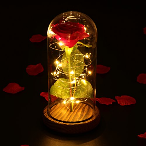 LEDMOMO Rosa de seda roja y luz LED con pétalos caídos en una cúpula de cristal sobre una base de madera Regalo para el día de San Valentín Boda de cumpleaños de aniversario (rosa única)