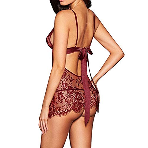 LEEDY Nueva Mujer con Cuello En V Ropa Interior Negro PestañAs Encaje Arco MuñEcas Pijamas Mini Vestido