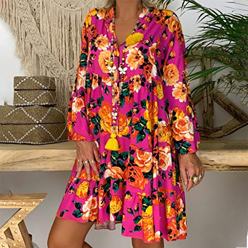 LEEDY Vestido de verano para mujer, estampado suelto, mangas de siete puntos, holgado, de gran tamaño, con botón sexy y cuello en V profundo, fiesta de playa, danza del sol