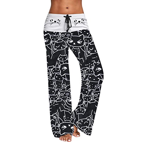 Leggings Deporte Mujer Sexy, Mujer Pantalones Anchos Casual Moda Pantalones con Cordones de impresión Gato antalón Yoga Jogging Deportivos Grandes (Negro, XL)