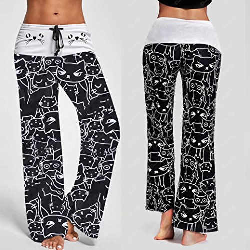 Leggings Deporte Mujer Sexy, Mujer Pantalones Anchos Casual Moda Pantalones con Cordones de impresión Gato antalón Yoga Jogging Deportivos Grandes Polainas Fitness Activewear (Negro, L)