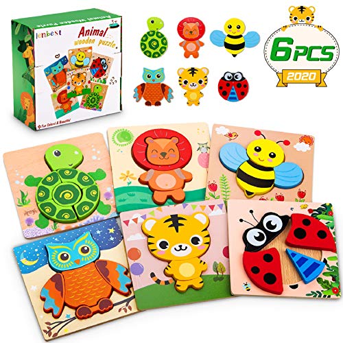 lenbest 6 Piezas Puzzles de Madera de Animales, Puzzles Infantiles, Rompecabezas de Animales para Niños Niñas, Juguetes Montessori Educativos para Bebé de 1,2,3 años