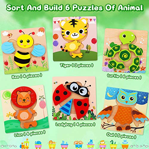 lenbest 6 Piezas Puzzles de Madera de Animales, Puzzles Infantiles, Rompecabezas de Animales para Niños Niñas, Juguetes Montessori Educativos para Bebé de 1,2,3 años