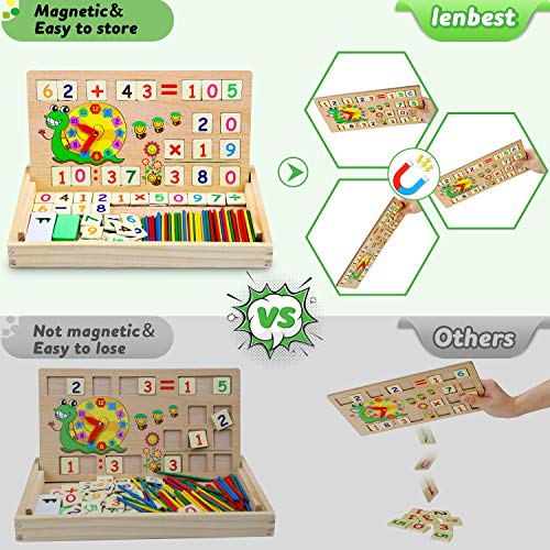 lenbest Matemáticas & Reloj Juguetes Caja Madera, Juguete Montessori Multifuncional de Reloj+ Operación Matemática+ Pintura , con Pizarra Magnética y 3 Tarjetas Matemáticas para Educación Temprana