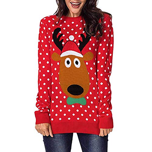 Lenfesh Christmas Pullover Tops Patrón de Renos Camiseta Navidad de Manga Larga Estampado de Lunares Camisetas Largo de Mujeres Chica