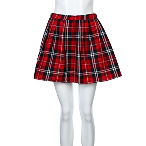 Lenfesh Mujer Escocesa Mini Faldas Kilt Escocesa Plisada de Uniforme Escuela Tartán - Rojo (XL, Rojo)