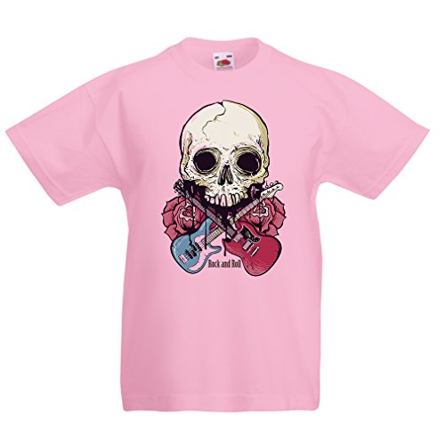 lepni.me Camiseta para Niño/Niña Guitarras, Calavera, Rosas - Amantes del Concierto de Rock & Roll (12-13 Years Rosado Multicolor)