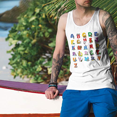 lepni.me Camisetas de Tirantes para Hombre Alfabeto Inglés, Diseño de Canciones ABC, Aprendizaje de Letras, Regreso a la Escuela o Regalos de Graduación (Small Blanco Multicolor)