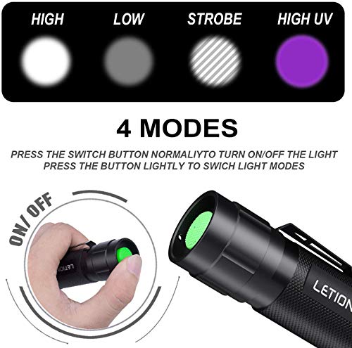 LETION Linterna Ultravioleta Led Linterna UV,Luz Negra UV 2 en 1 con 395nm luz UV, Modo 4 & IPX a Prueba de Agua 4 para Ropa de Mascotas Detección de Hongos