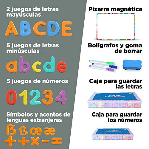 Letras y Números Magnéticos para Niños - Conjunto Completo: 182 Letras y 81 Números y Símbolos - Imanes Gruesos de Espuma para la Nevera - Incluye 2 Cajas, Pizarra Magnética, Rotuladores y Borrador