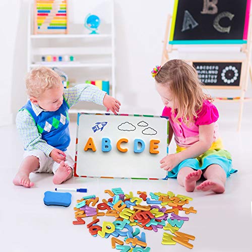 Letras y Números Magnéticos para Niños - Conjunto Completo: 182 Letras y 81 Números y Símbolos - Imanes Gruesos de Espuma para la Nevera - Incluye 2 Cajas, Pizarra Magnética, Rotuladores y Borrador