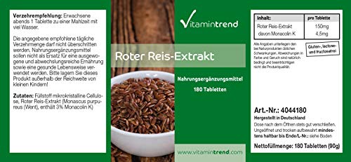 Levadura de arroz rojo – Bote para 6 MESES – 4–5 mg de monacolina K – 180 comprimidos – Ayuda a conseguir niveles normales de colesterol