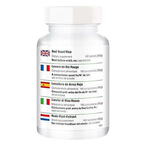 Levadura de arroz rojo – Bote para 6 MESES – 4–5 mg de monacolina K – 180 comprimidos – Ayuda a conseguir niveles normales de colesterol