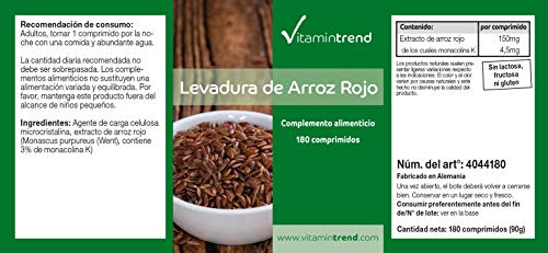 Levadura de arroz rojo – Bote para 6 MESES – 4–5 mg de monacolina K – 180 comprimidos – Ayuda a conseguir niveles normales de colesterol