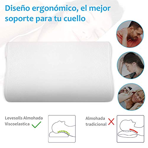 Levesolls Almohada Viscoelastica Almohada Espuma de Memoria con Altura Ajustable Gel Disipador de Calor Diseño Ergonómico Reduce Dolores Cervicales con 2 Fundas de Bambú