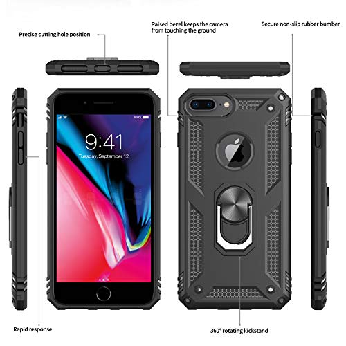 LeYi Funda iPhone 6 Plus / 7 Plus / 8 Plus Armor Carcasa con 360 Anillo iman Soporte Hard PC y Silicona TPU Bumper antigolpes Case para movil iPhone 7/8 Plus con HD Protector de Pantalla,Negro