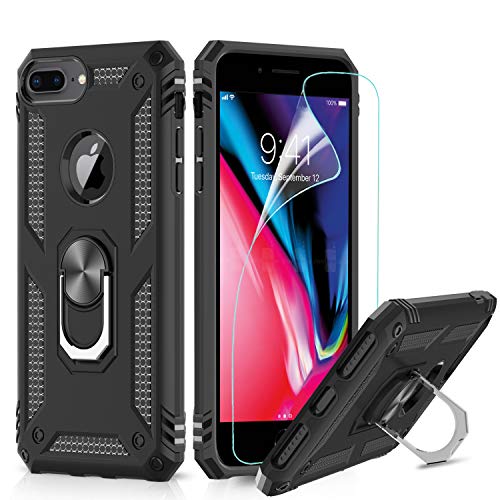 LeYi Funda iPhone 6 Plus / 7 Plus / 8 Plus Armor Carcasa con 360 Anillo iman Soporte Hard PC y Silicona TPU Bumper antigolpes Case para movil iPhone 7/8 Plus con HD Protector de Pantalla,Negro