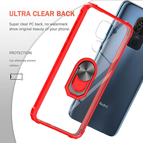 LeYi Funda Xiaomi Redmi Note 9,Transparente Carcasa con 360 Grados iman Soporte Silicona Bumper Antigolpes Armor Case para Movil Redmi Note 9,Clear Rojo