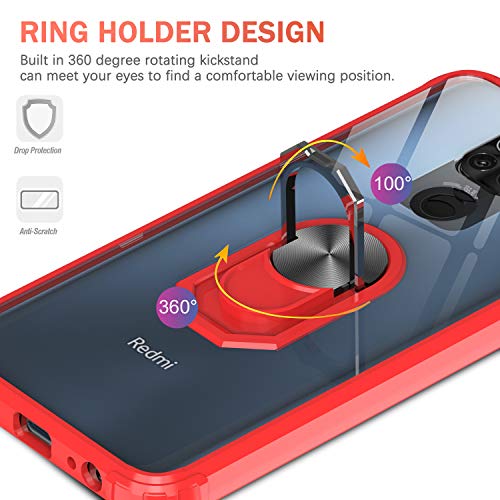 LeYi Funda Xiaomi Redmi Note 9,Transparente Carcasa con 360 Grados iman Soporte Silicona Bumper Antigolpes Armor Case para Movil Redmi Note 9,Clear Rojo