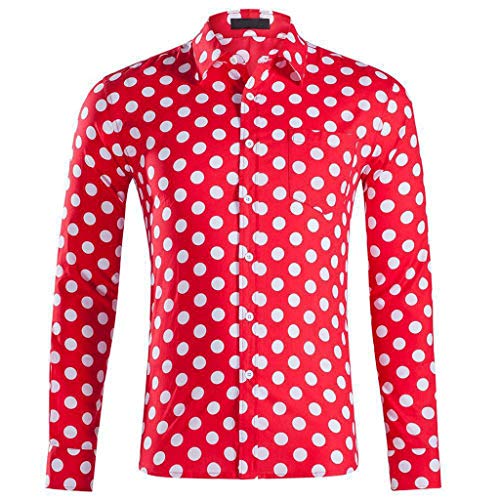 LHWY Camisa de Hombre Tops Shirt 2019 Verano Moda botón Holgado de Manga Larga con Cuello Redondo y Estampado Hawaiano Camiseta Corta Camiseta Gran tamaño Lunares Beach Hawaii Vino L