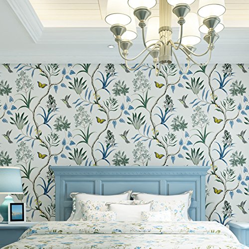 LianLe Papel Pintado Pájaros Mariposas Flores para Decoración de Pared 10M*0.53M,B