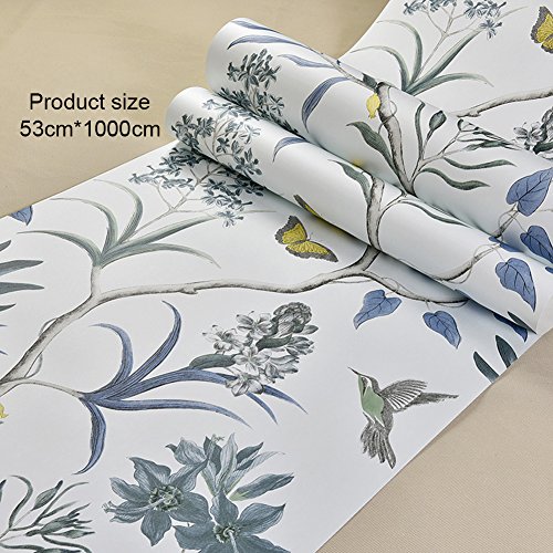 LianLe Papel Pintado Pájaros Mariposas Flores para Decoración de Pared 10M*0.53M,B
