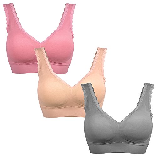 Libella Sujetador Deportivo sin Costuras de 3 Piezas Sujetador de Yoga con Almohadillas Removibles para Mujeres Ultra-Lift de Komfort- BH Rosa Beige Gris 3747 S/M