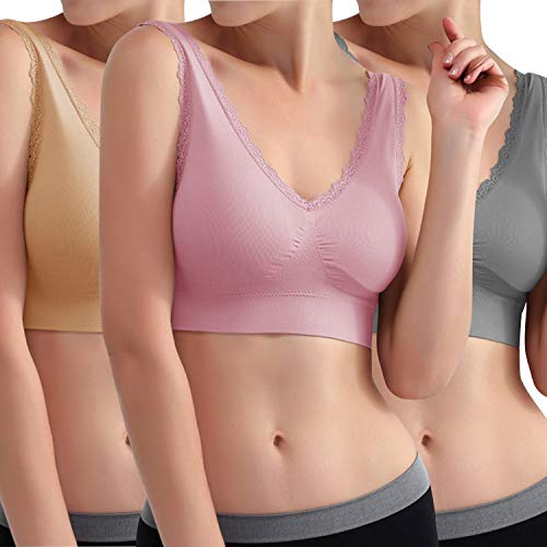 Libella Sujetador Deportivo sin Costuras de 3 Piezas Sujetador de Yoga con Almohadillas Removibles para Mujeres Ultra-Lift de Komfort- BH Rosa Beige Gris 3747 S/M