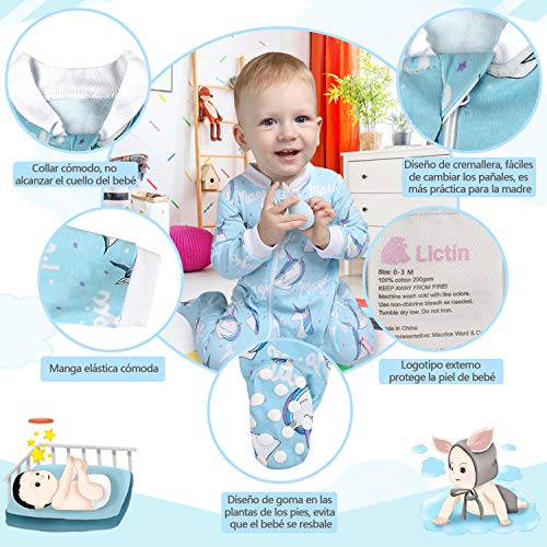 Lictin 6 Piezas Pijama para Bebé- Mameluco de Algodón con Cremallera con Puntos de Pegamento Antideslizantes para Pies, Pintura de Animal para Bebes (3-6 Meses)