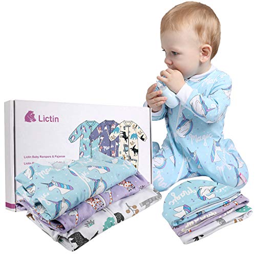 Lictin 6 Piezas Pijama para Bebé- Mameluco de Algodón con Cremallera con Puntos de Pegamento Antideslizantes para Pies, Pintura de Animal para Bebes (3-6 Meses)